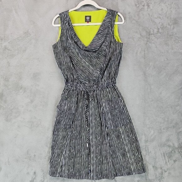 Vince Camuto Dress Womens Size 6 Black Zebra Stripe Drawstring Pockets Cowl Neck - Picture 1 of 7